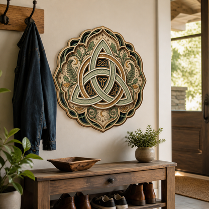 Triquetra Art Wooden Sign, Celtic Trinity Knot Wall Decor, Fern Oak Leaf Mandala Hanger