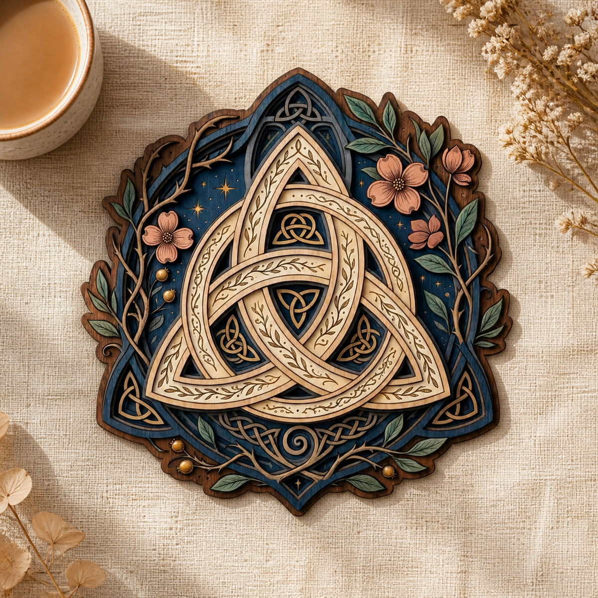 Triquetra Art Wooden Sign, Pink Blossom Branch Door Hanger Wall Decor