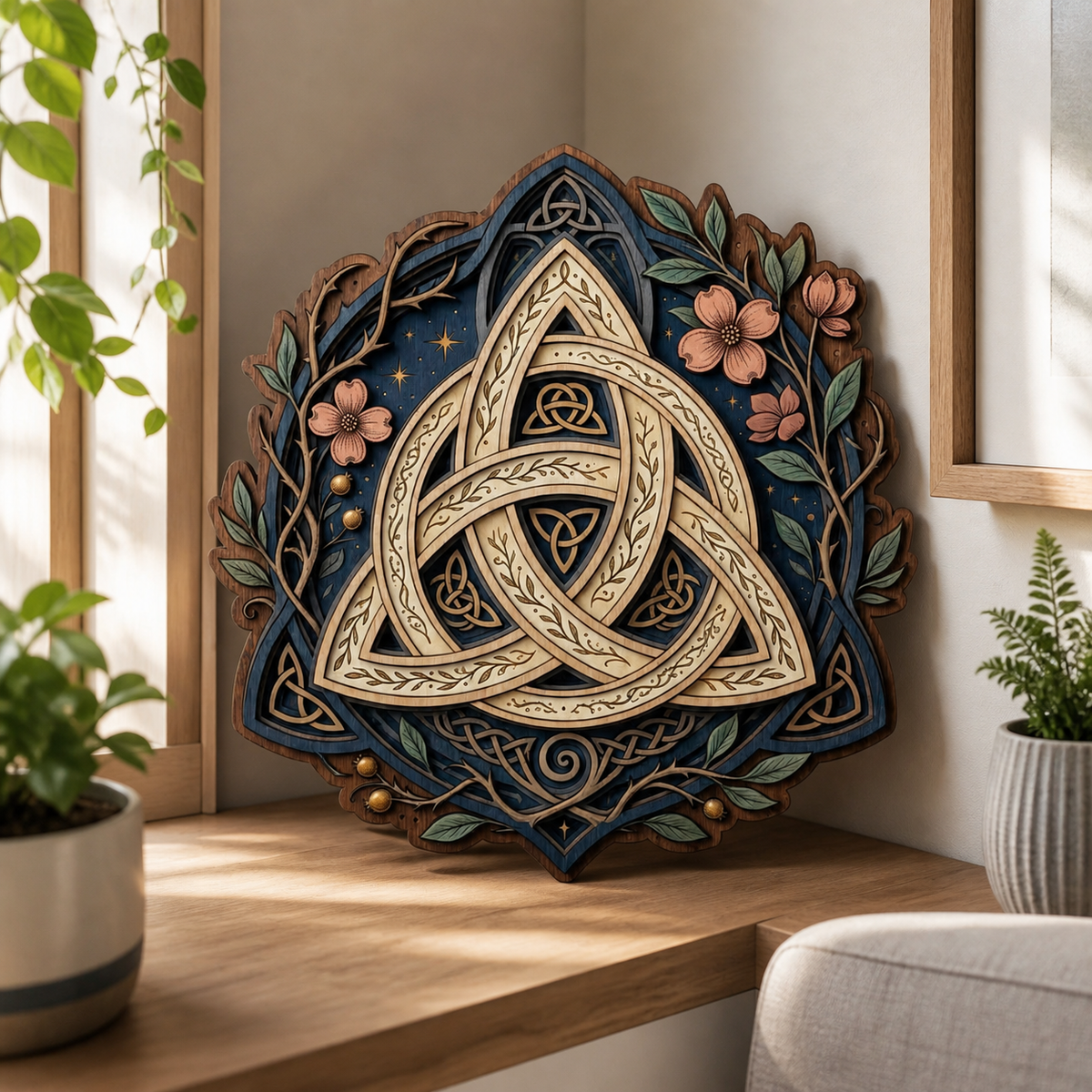 Triquetra Art Wooden Sign, Pink Blossom Branch Door Hanger Wall Decor