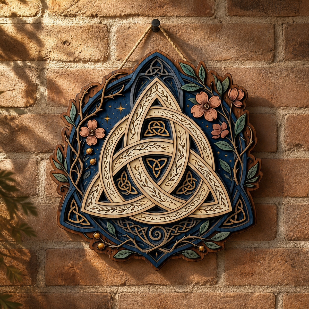 Triquetra Art Wooden Sign, Pink Blossom Branch Door Hanger Wall Decor