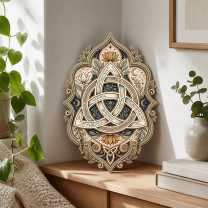 Triquetra Art Wooden Sign, Lotus Flower Vertical Wall Decor