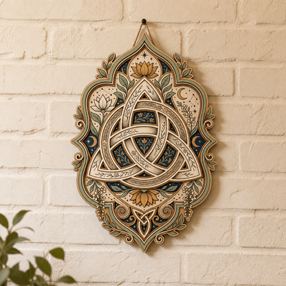 Triquetra Art Wooden Sign, Lotus Flower Vertical Wall Decor