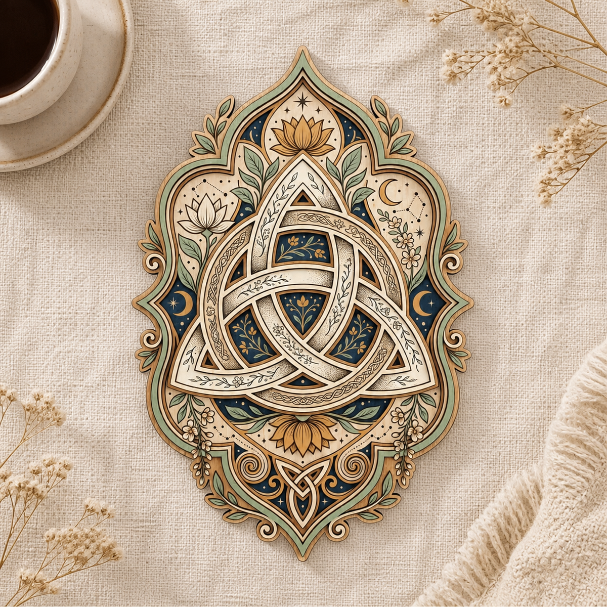 Triquetra Art Wooden Sign, Lotus Flower Vertical Wall Decor