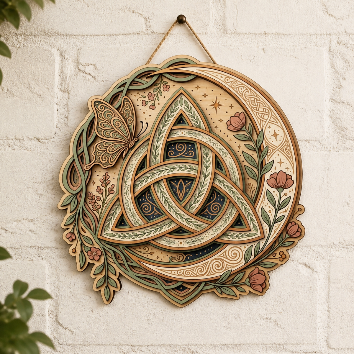 Triquetra Art Wooden Sign, Floral Celtic Trinity Knot, Butterfly Crescent Moon Decor