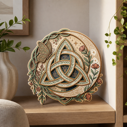 Triquetra Art Wooden Sign, Floral Celtic Trinity Knot, Butterfly Crescent Moon Decor