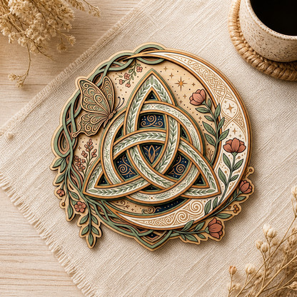 Triquetra Art Wooden Sign, Floral Celtic Trinity Knot, Butterfly Crescent Moon Decor
