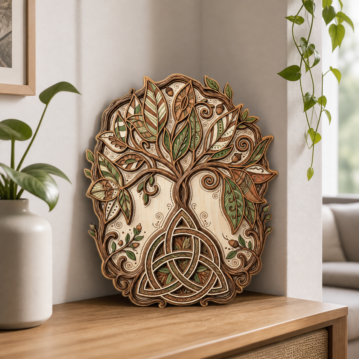 Triquetra Art Wooden Sign Tree Of Life Acorn Celtic Trinity Knot