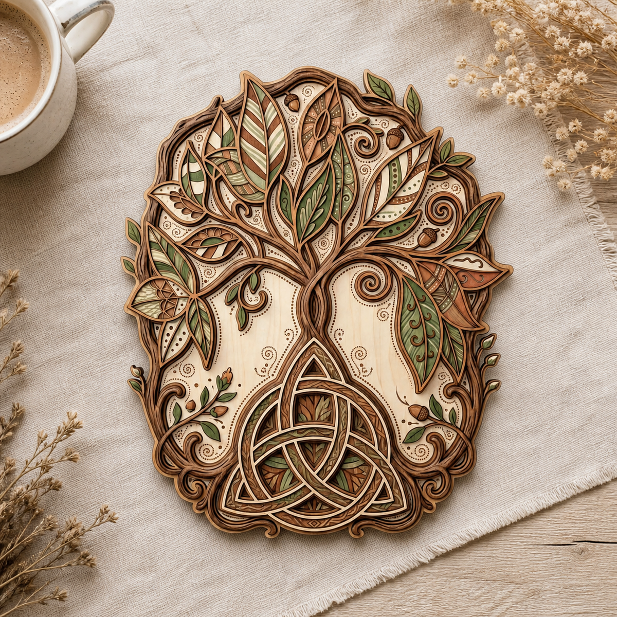 Triquetra Art Wooden Sign Tree Of Life Acorn Celtic Trinity Knot