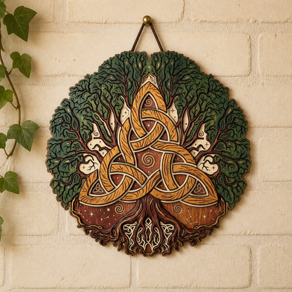 Triquetra Art Wooden Sign, Celtic Trinity Knot Dual Green Tree Golden Wall Art