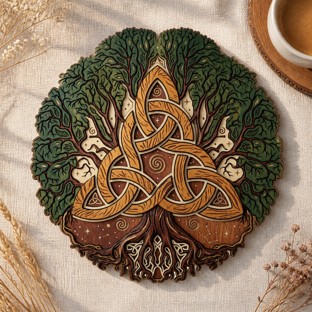 Triquetra Art Wooden Sign, Celtic Trinity Knot Dual Green Tree Golden Wall Art