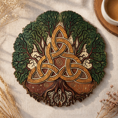 Triquetra Art Wooden Sign, Celtic Trinity Knot Dual Green Tree Golden Wall Art