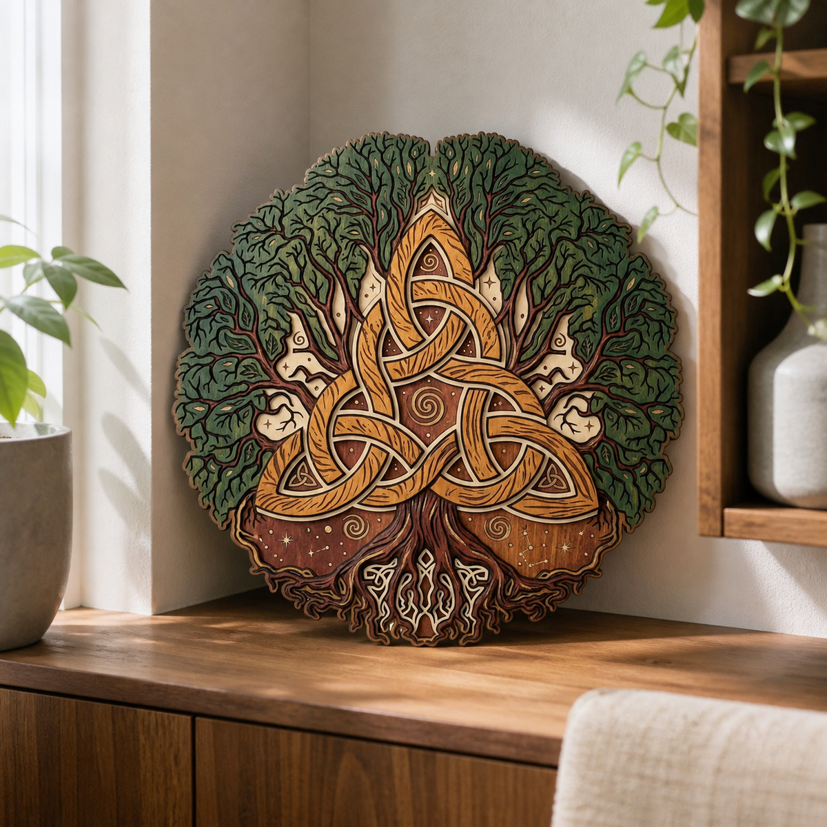 Triquetra Art Wooden Sign, Celtic Trinity Knot Dual Green Tree Golden Wall Art