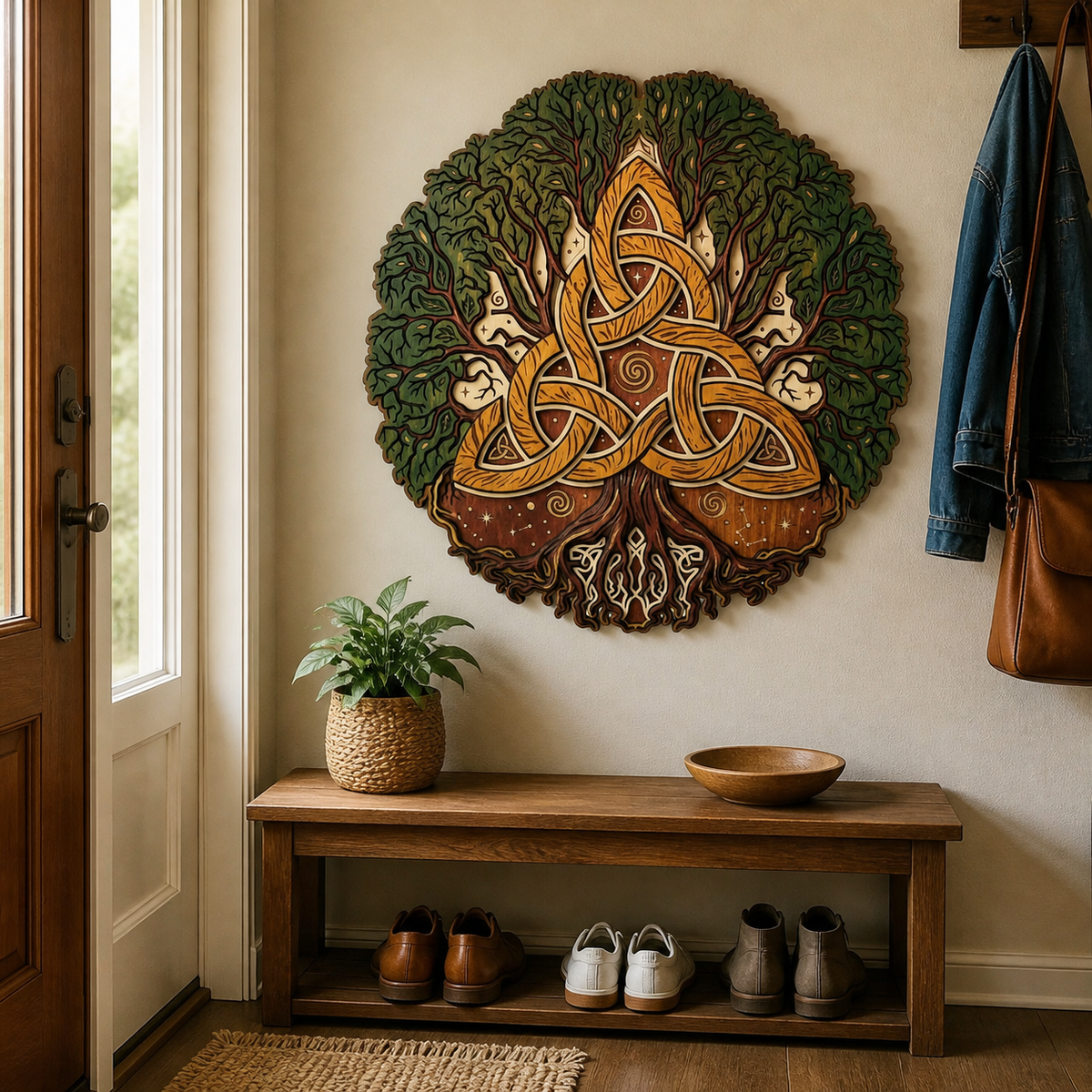 Triquetra Art Wooden Sign, Celtic Trinity Knot Dual Green Tree Golden Wall Art