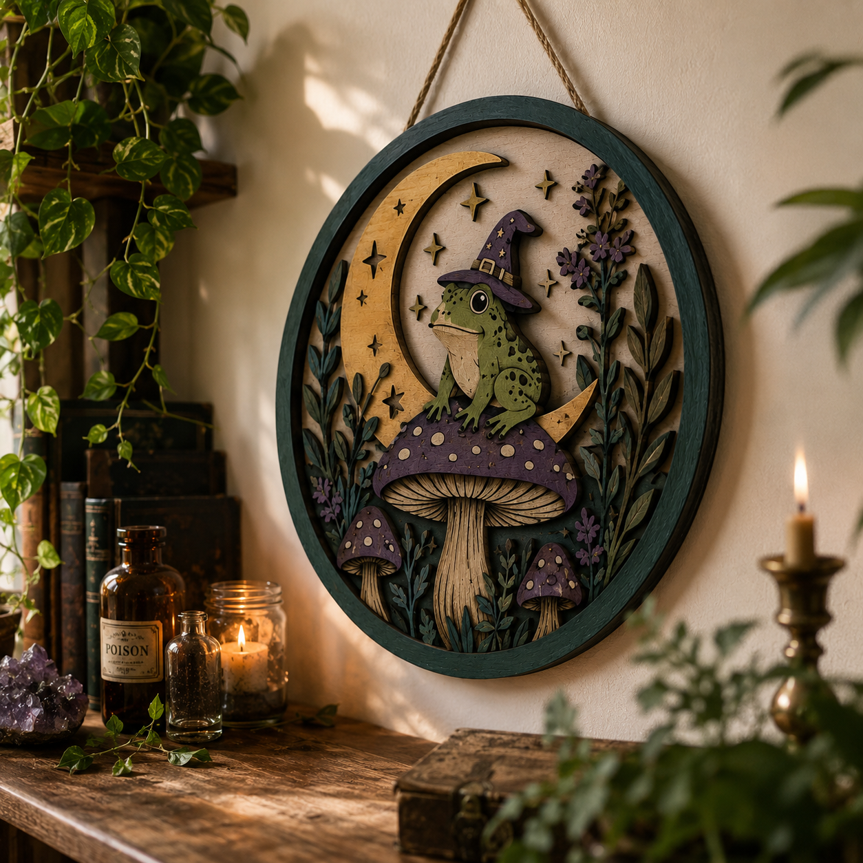 Boho Witchy Frog and Mushroom Moonlight vintage wooden wall art