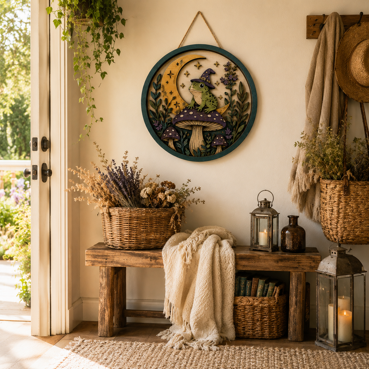 Boho Witchy Frog and Mushroom Moonlight vintage wooden wall art