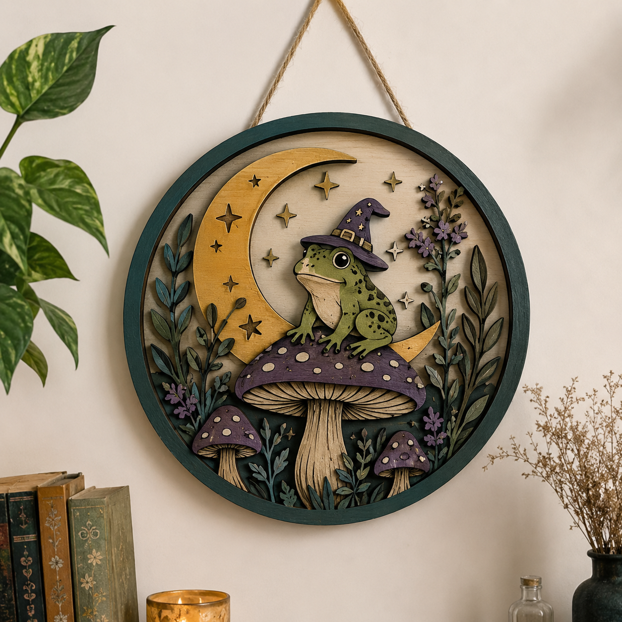 Boho Witchy Frog and Mushroom Moonlight vintage wooden wall art