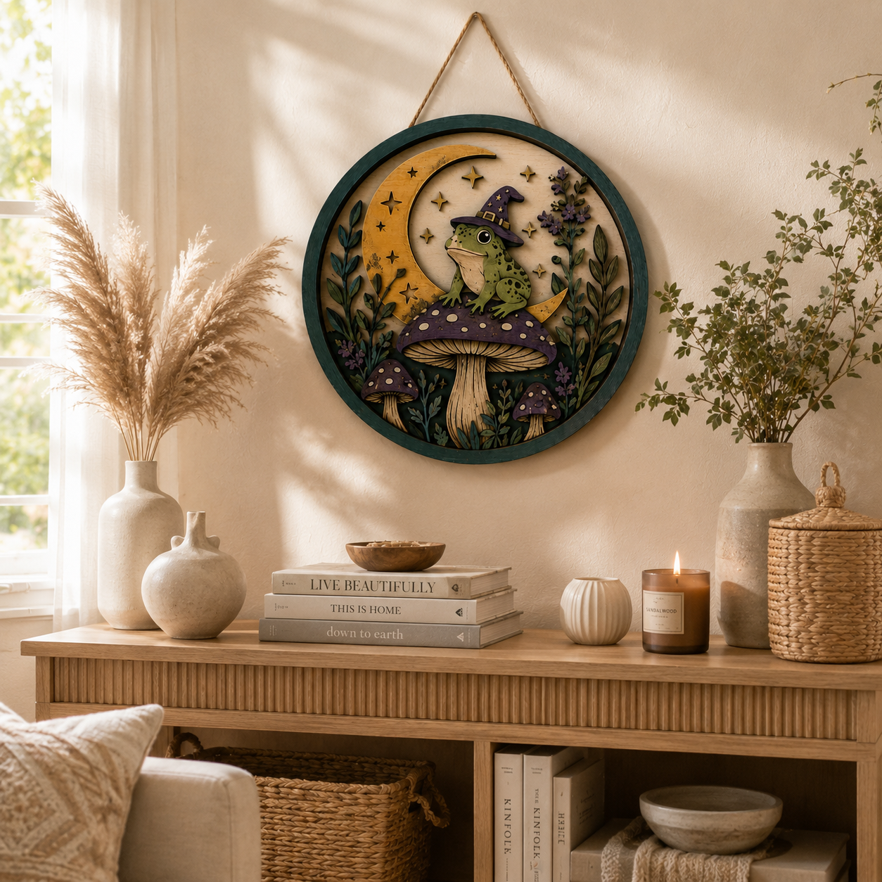 Boho Witchy Frog and Mushroom Moonlight vintage wooden wall art