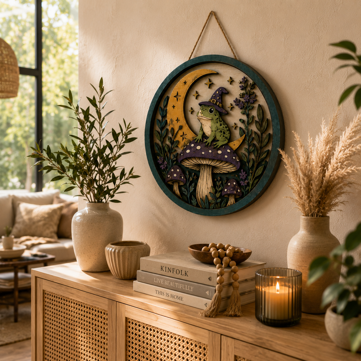 Boho Witchy Frog and Mushroom Moonlight vintage wooden wall art