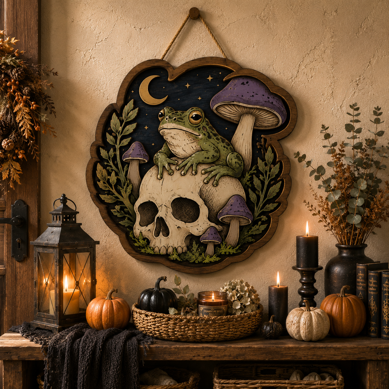 Mystic Skull Frog Wooden Sign with Enchanted Mushrooms Crescent Moon and Woodland Witchcore Wall Decor