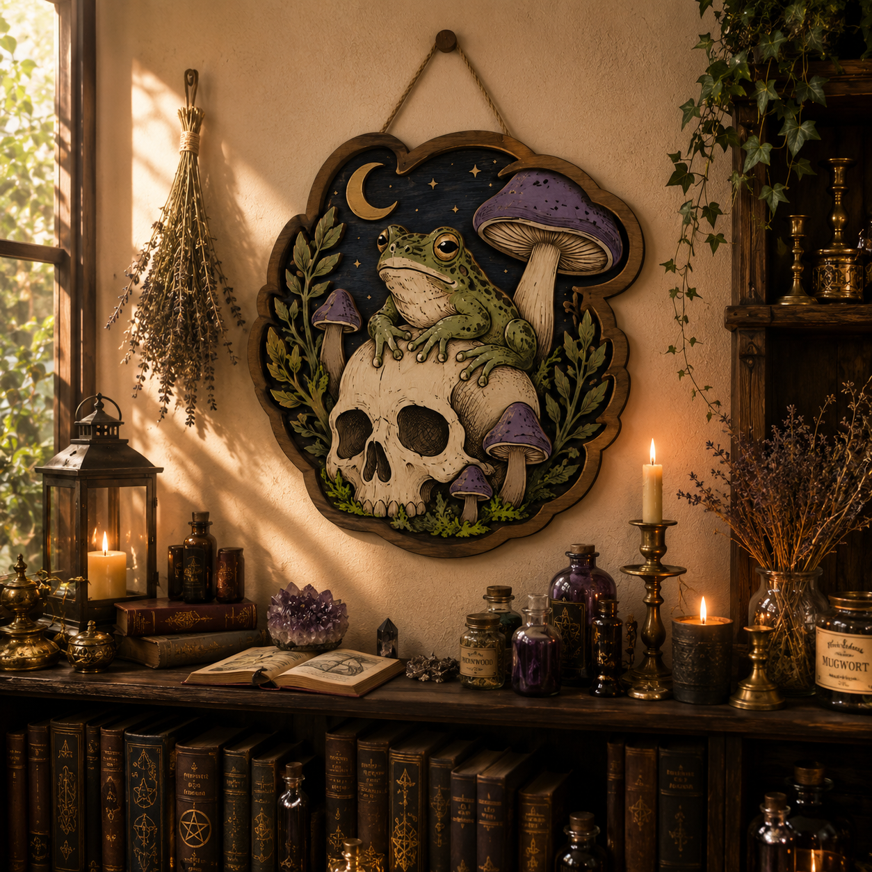 Mystic Skull Frog Wooden Sign with Enchanted Mushrooms Crescent Moon and Woodland Witchcore Wall Decor
