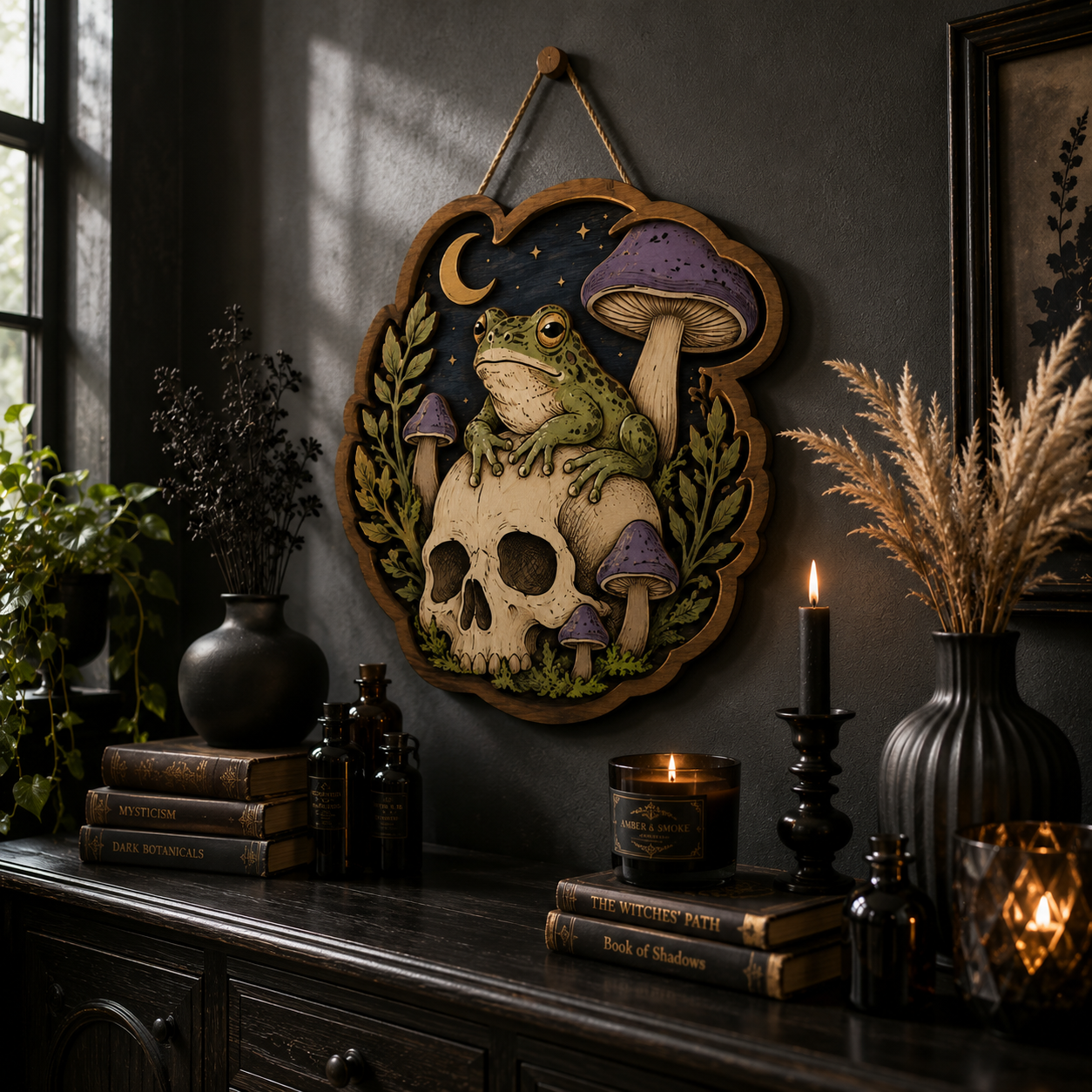Mystic Skull Frog Wooden Sign with Enchanted Mushrooms Crescent Moon and Woodland Witchcore Wall Decor