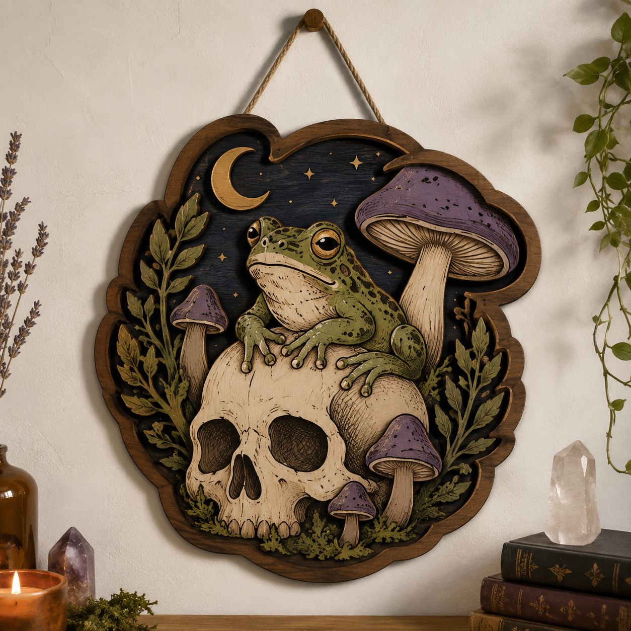 Mystic Skull Frog Wooden Sign with Enchanted Mushrooms Crescent Moon and Woodland Witchcore Wall Decor