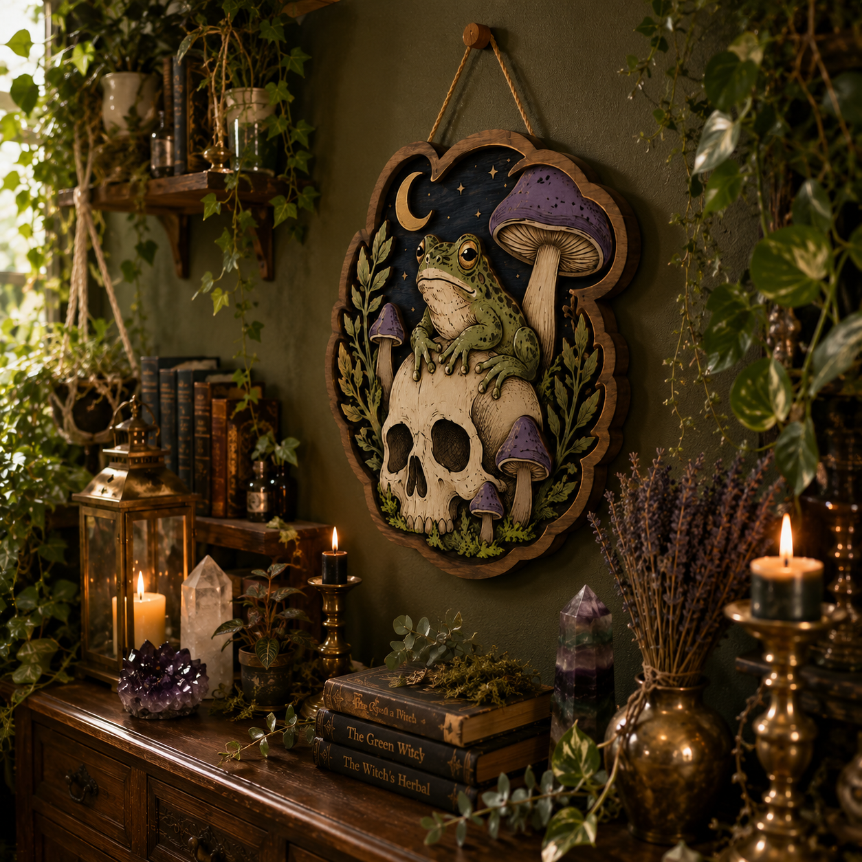 Mystic Skull Frog Wooden Sign with Enchanted Mushrooms Crescent Moon and Woodland Witchcore Wall Decor