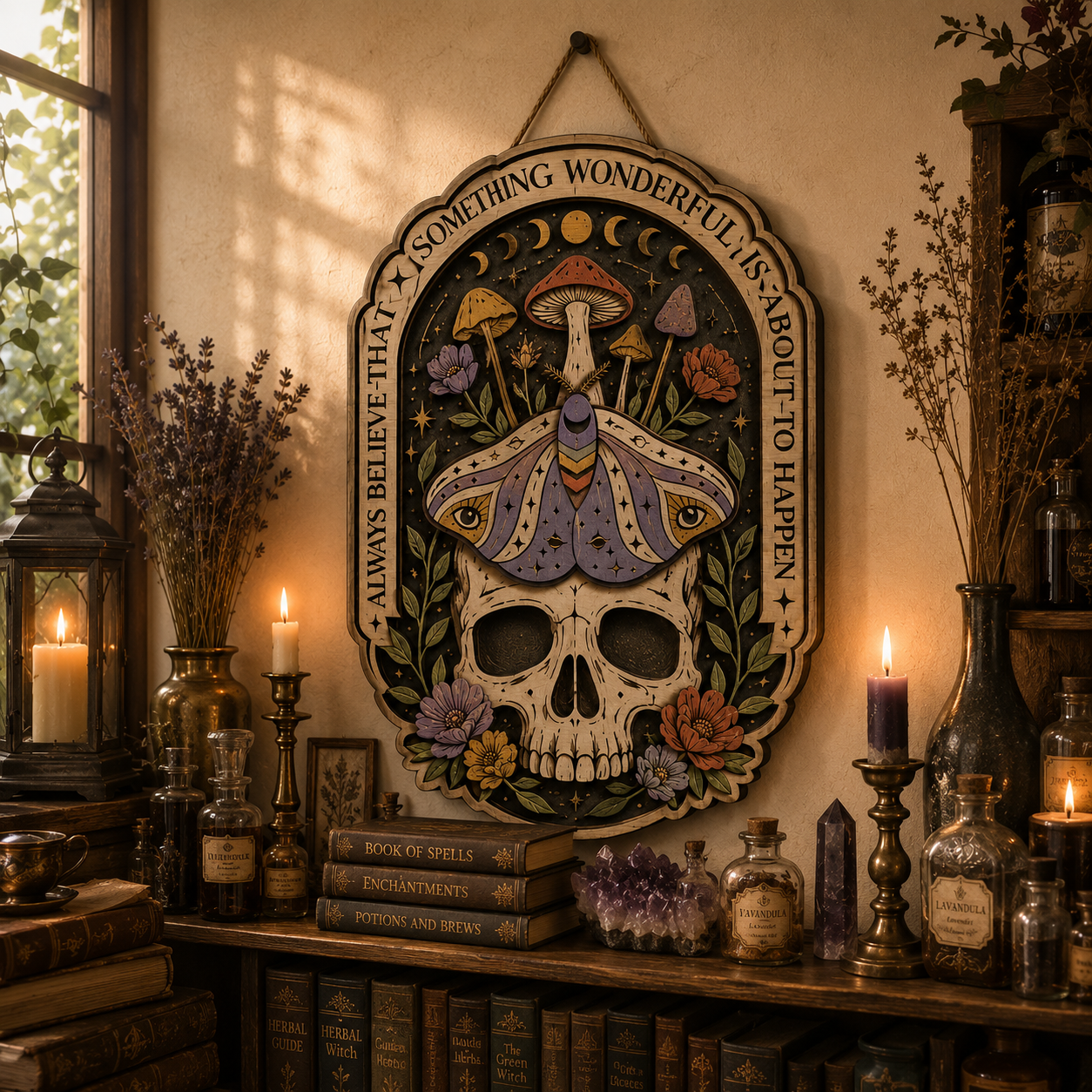 Something Wonderful Skull Moth Wooden Sign with Moon Phases Wildflowers and Mystical Witchcore Botanical Home Decor