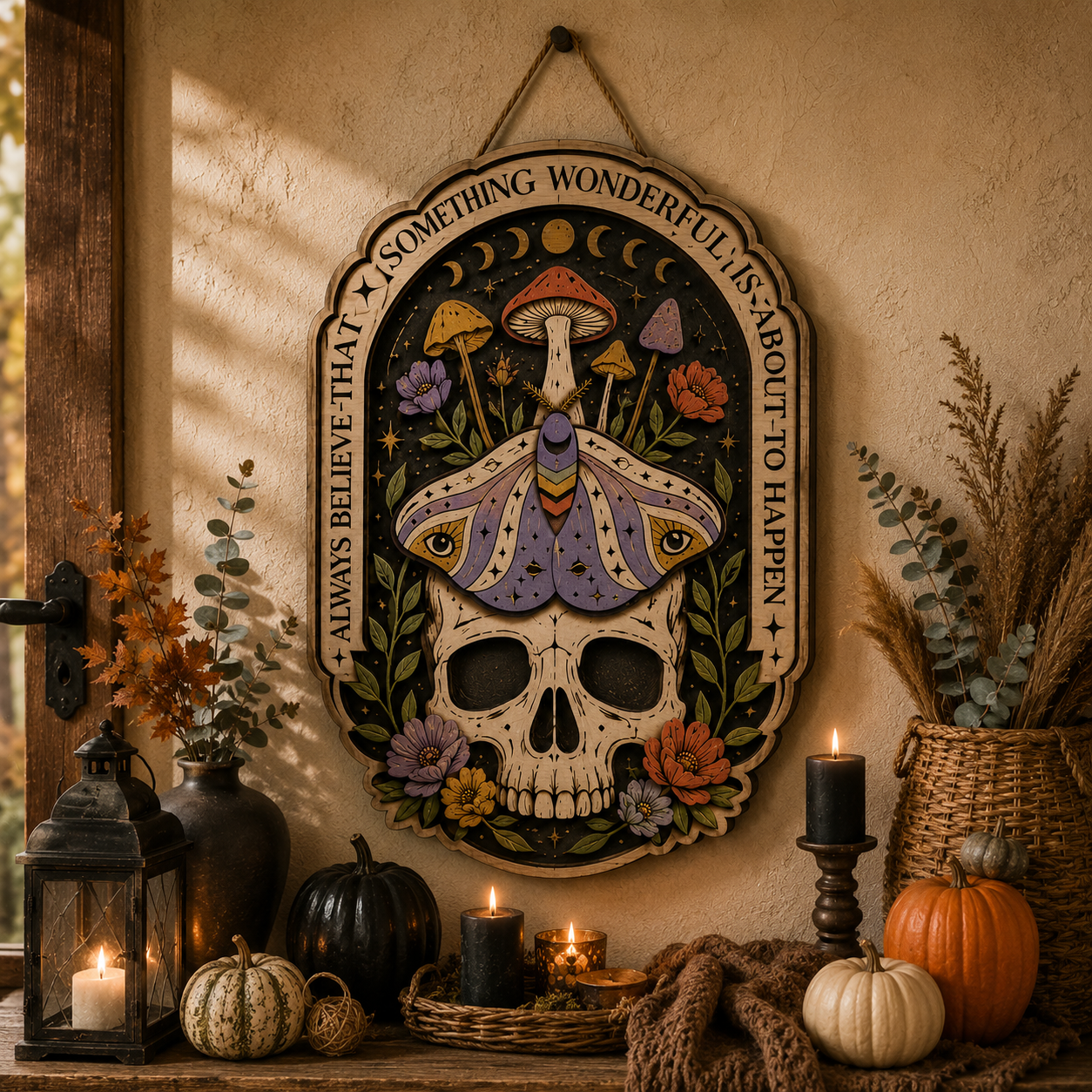 Something Wonderful Skull Moth Wooden Sign with Moon Phases Wildflowers and Mystical Witchcore Botanical Home Decor