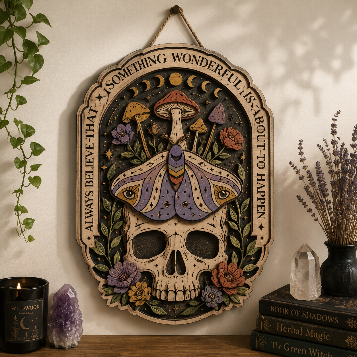 Something Wonderful Skull Moth Wooden Sign with Moon Phases Wildflowers and Mystical Witchcore Botanical Home Decor