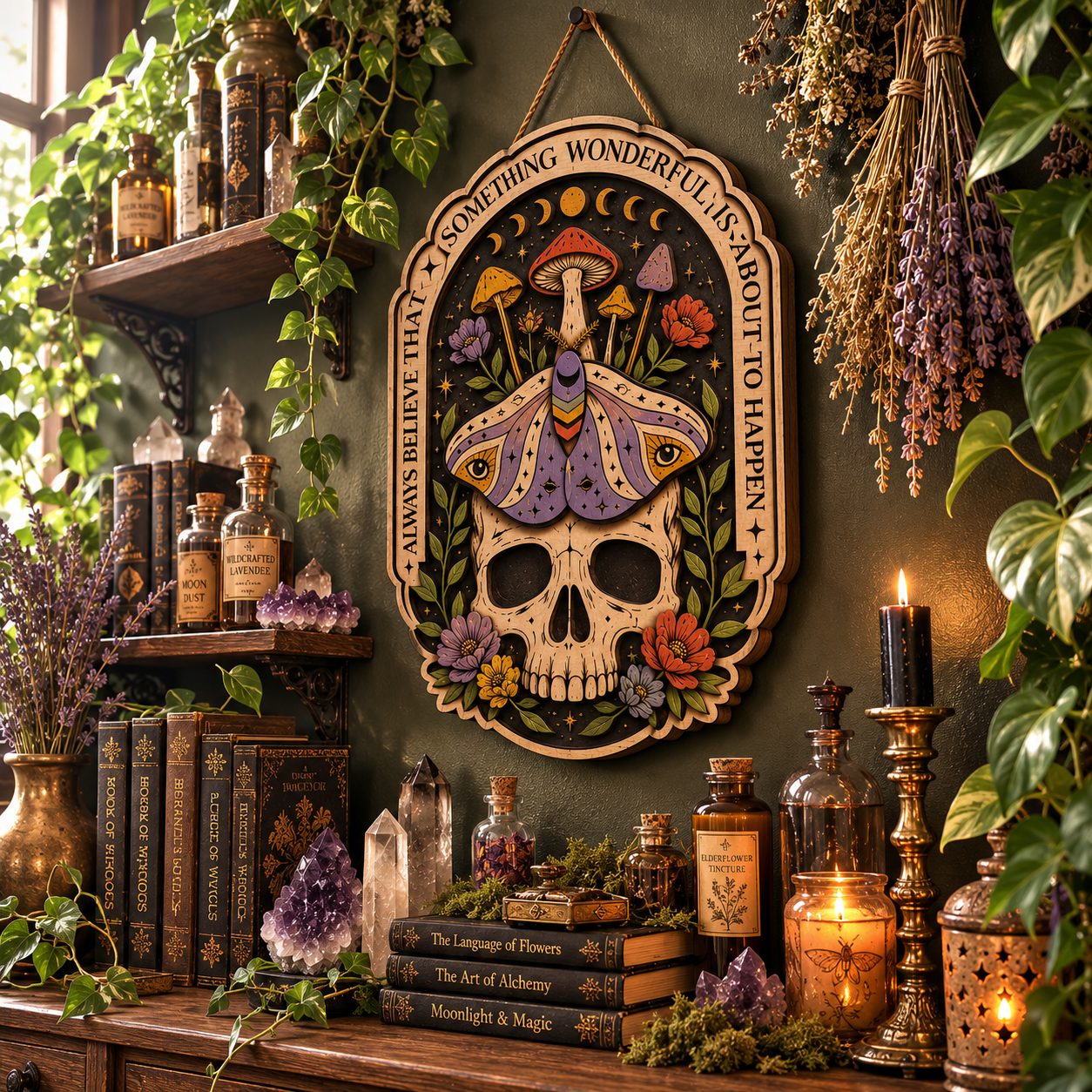 Something Wonderful Skull Moth Wooden Sign with Moon Phases Wildflowers and Mystical Witchcore Botanical Home Decor