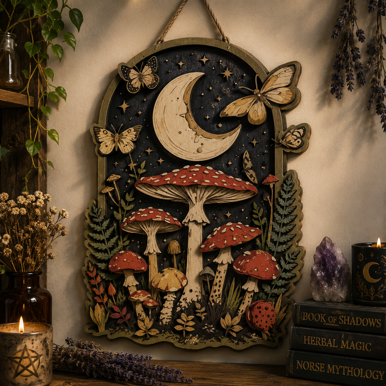 Moonlit Woodland Mushroom Wooden Sign with Crescent Moon Butterflies Forest Botanical Cottagecore Witchcore Fantasy Wall Decor