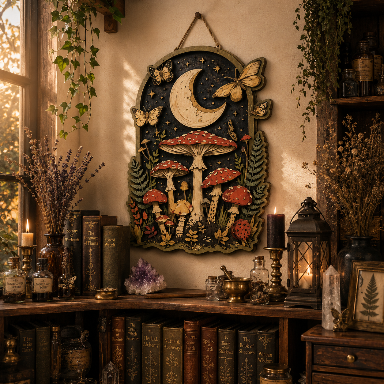 Moonlit Woodland Mushroom Wooden Sign with Crescent Moon Butterflies Forest Botanical Cottagecore Witchcore Fantasy Wall Decor