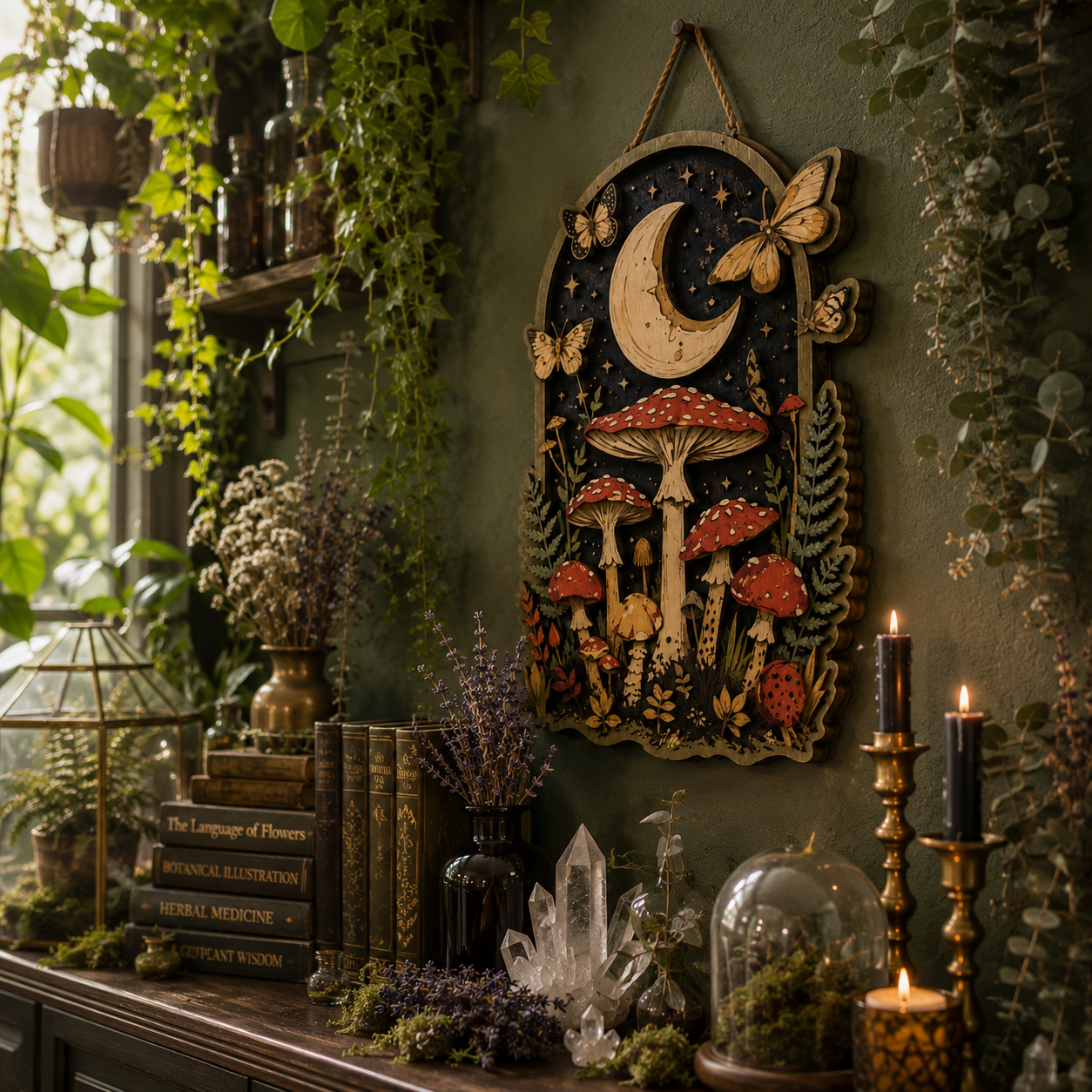 Moonlit Woodland Mushroom Wooden Sign with Crescent Moon Butterflies Forest Botanical Cottagecore Witchcore Fantasy Wall Decor