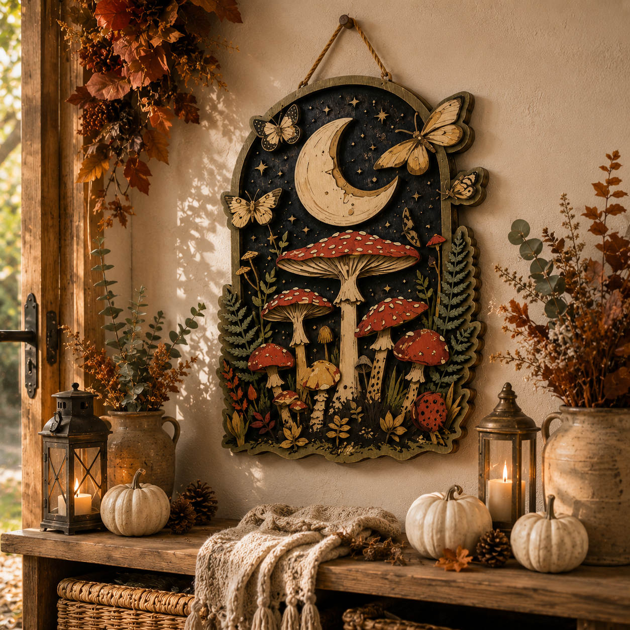 Moonlit Woodland Mushroom Wooden Sign with Crescent Moon Butterflies Forest Botanical Cottagecore Witchcore Fantasy Wall Decor