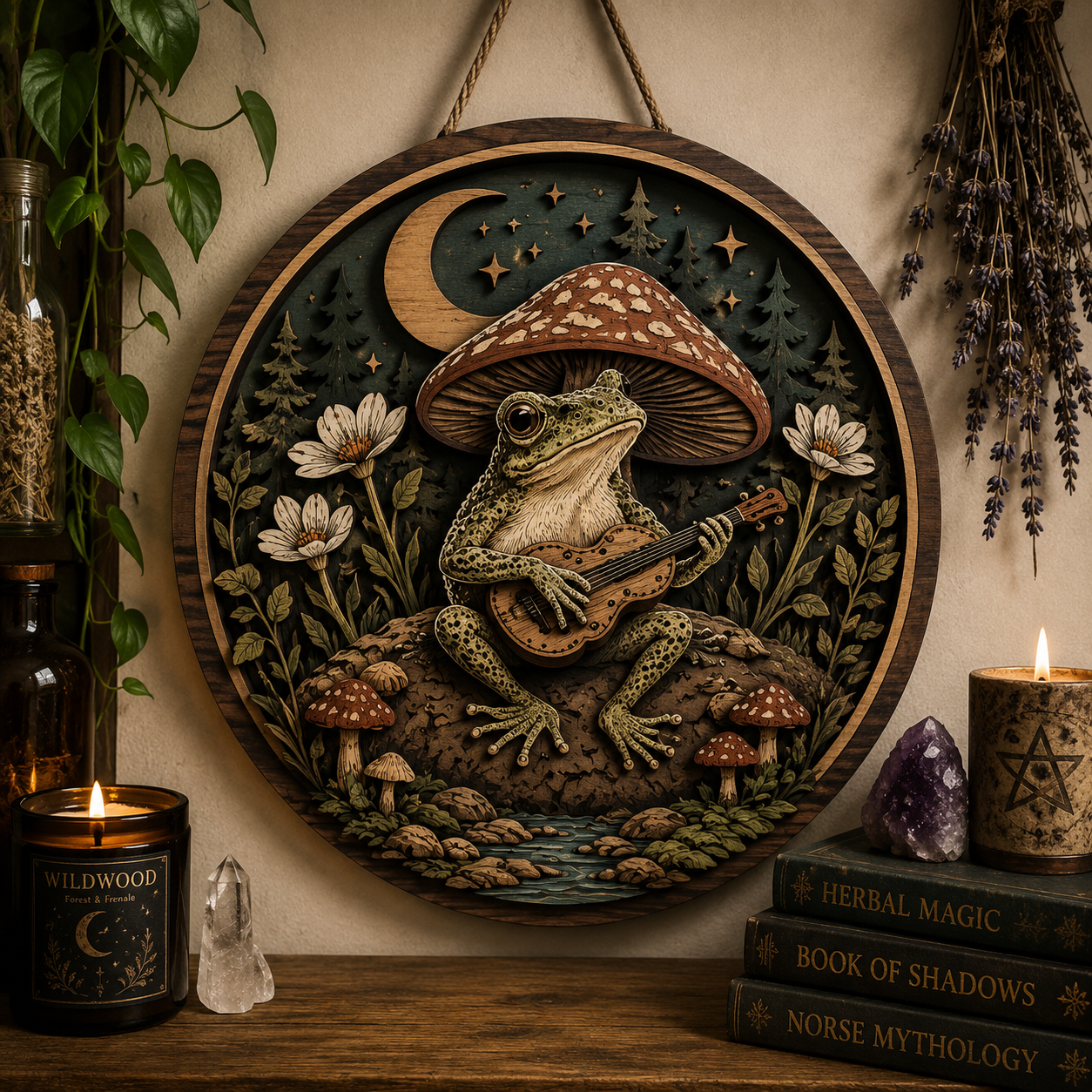 Moonlit Forest Frog Guitar Wooden Sign with Woodland Mushroom Nature Cottagecore Witchcore Fantasy Home Wall Decor