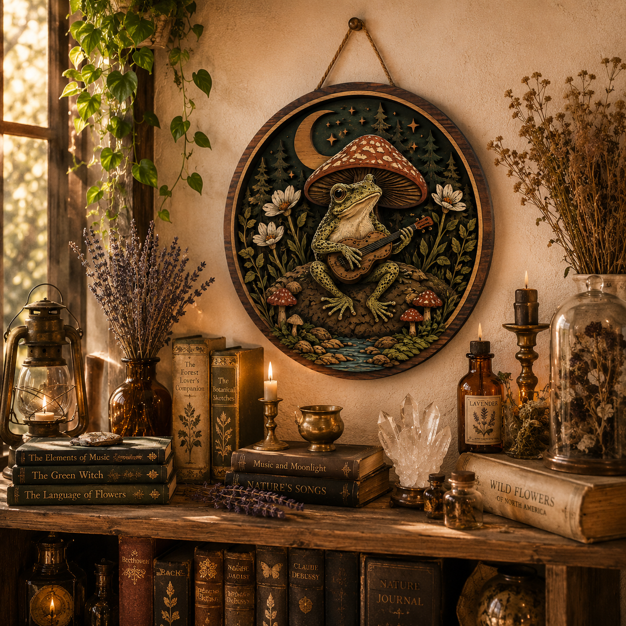 Moonlit Forest Frog Guitar Wooden Sign with Woodland Mushroom Nature Cottagecore Witchcore Fantasy Home Wall Decor