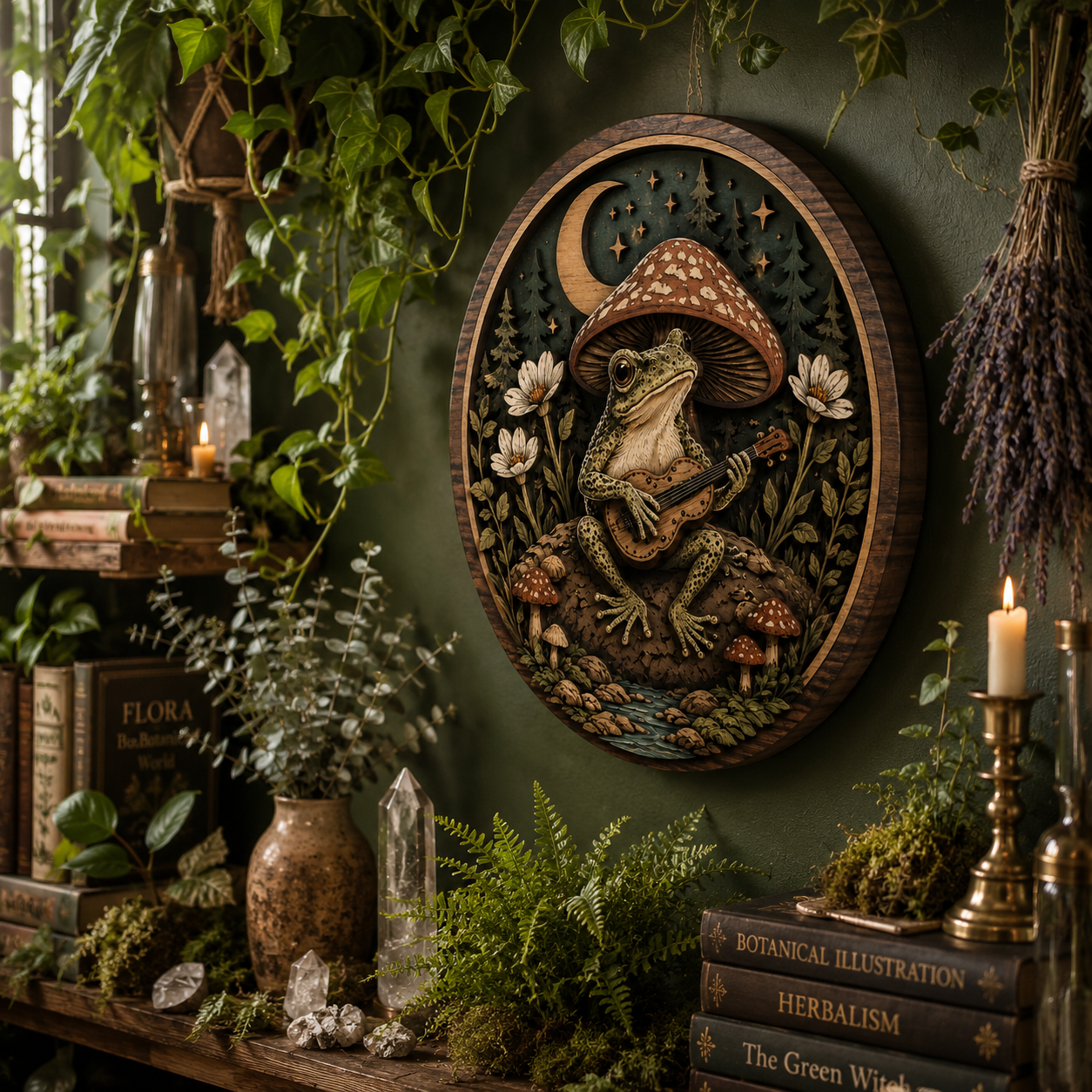 Moonlit Forest Frog Guitar Wooden Sign with Woodland Mushroom Nature Cottagecore Witchcore Fantasy Home Wall Decor