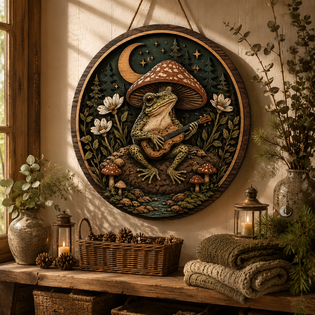 Moonlit Forest Frog Guitar Wooden Sign with Woodland Mushroom Nature Cottagecore Witchcore Fantasy Home Wall Decor