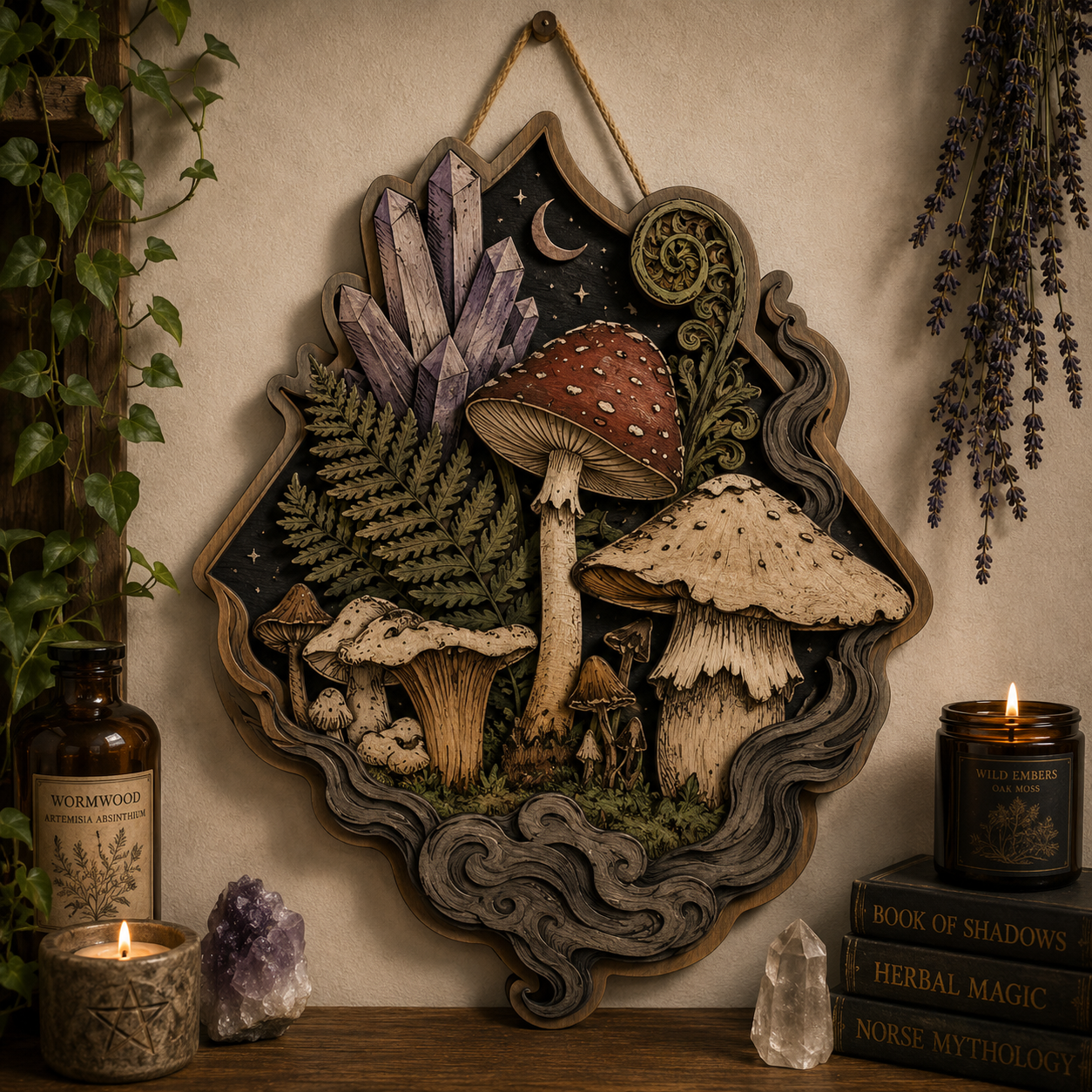 Magical Woodland Mushroom Crystal Layered Wood Wall Decor Sign For Cottagecore Living Room