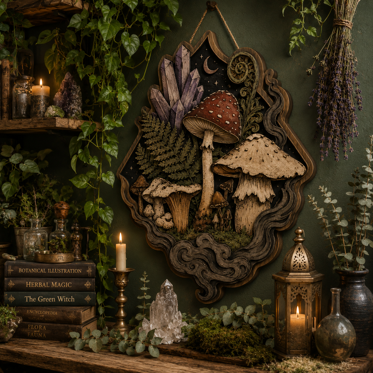 Magical Woodland Mushroom Crystal Layered Wood Wall Decor Sign For Cottagecore Living Room