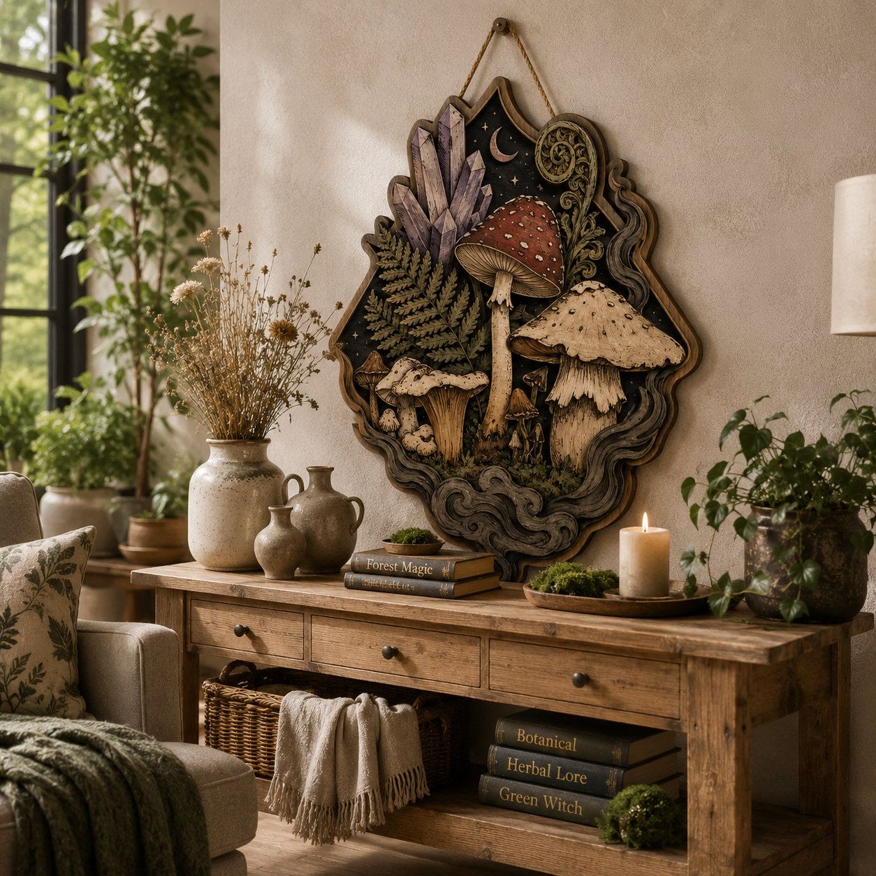 Magical Woodland Mushroom Crystal Layered Wood Wall Decor Sign For Cottagecore Living Room