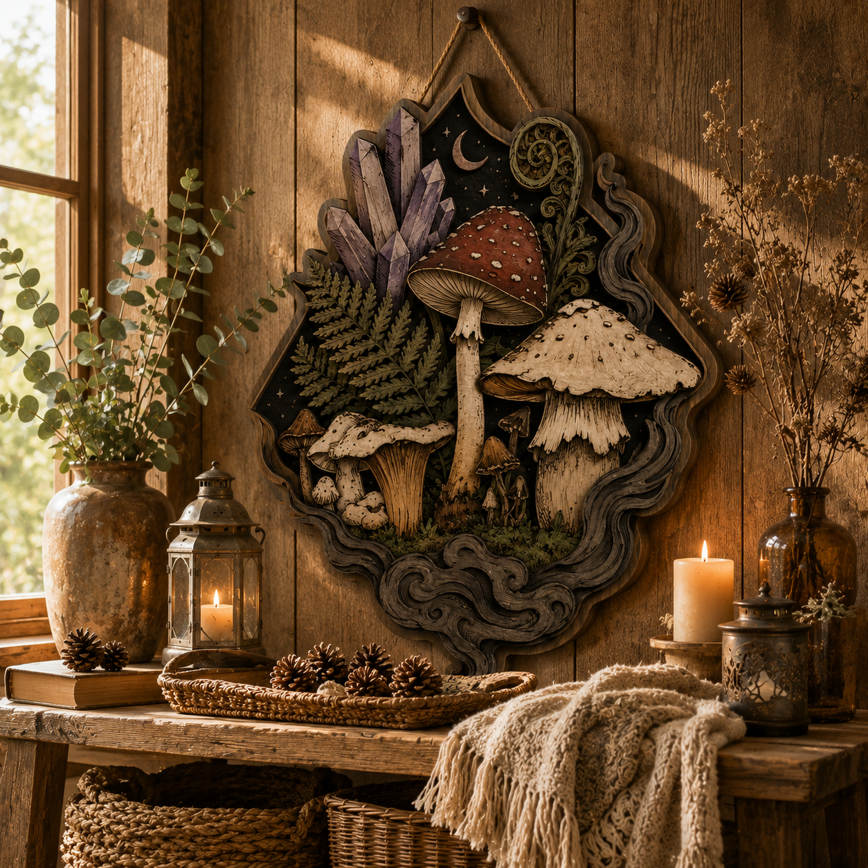 Magical Woodland Mushroom Crystal Layered Wood Wall Decor Sign For Cottagecore Living Room