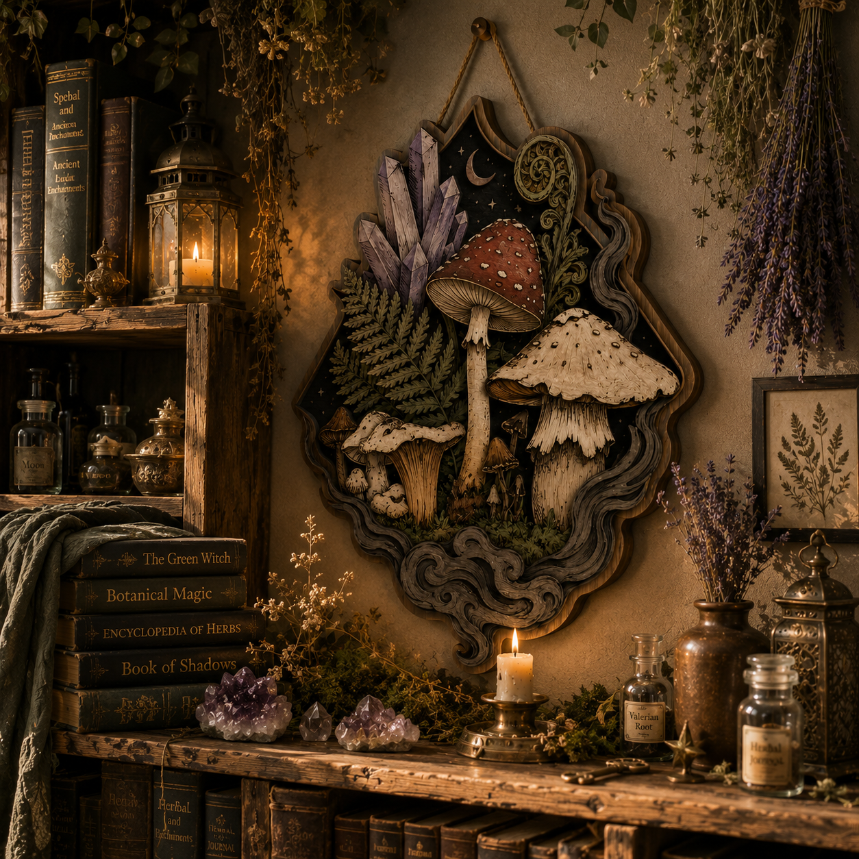 Magical Woodland Mushroom Crystal Layered Wood Wall Decor Sign For Cottagecore Living Room