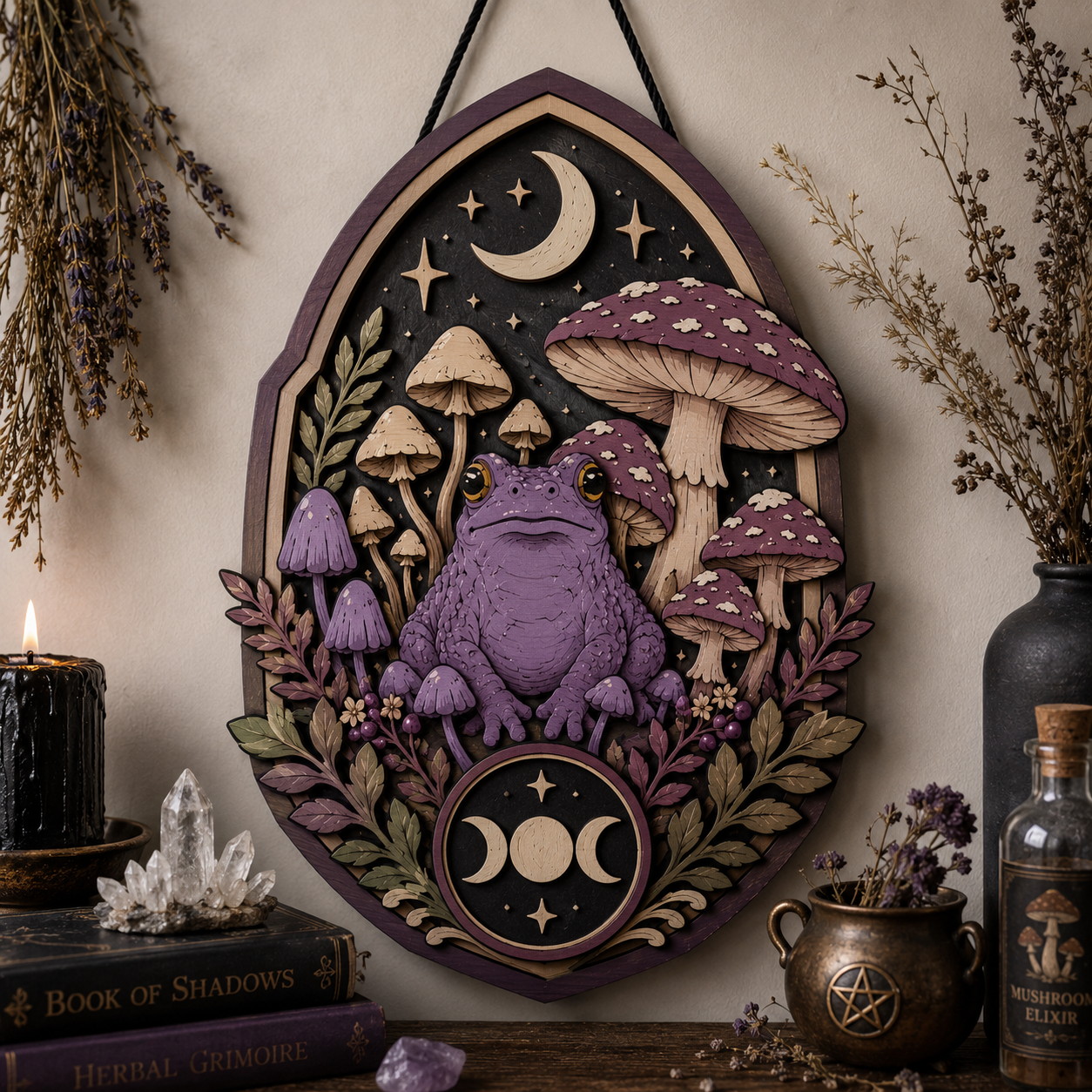 Mystical Purple Moon Frog Layered Wooden Wall Art Sign For Witchcore Cottagecore Home Decor