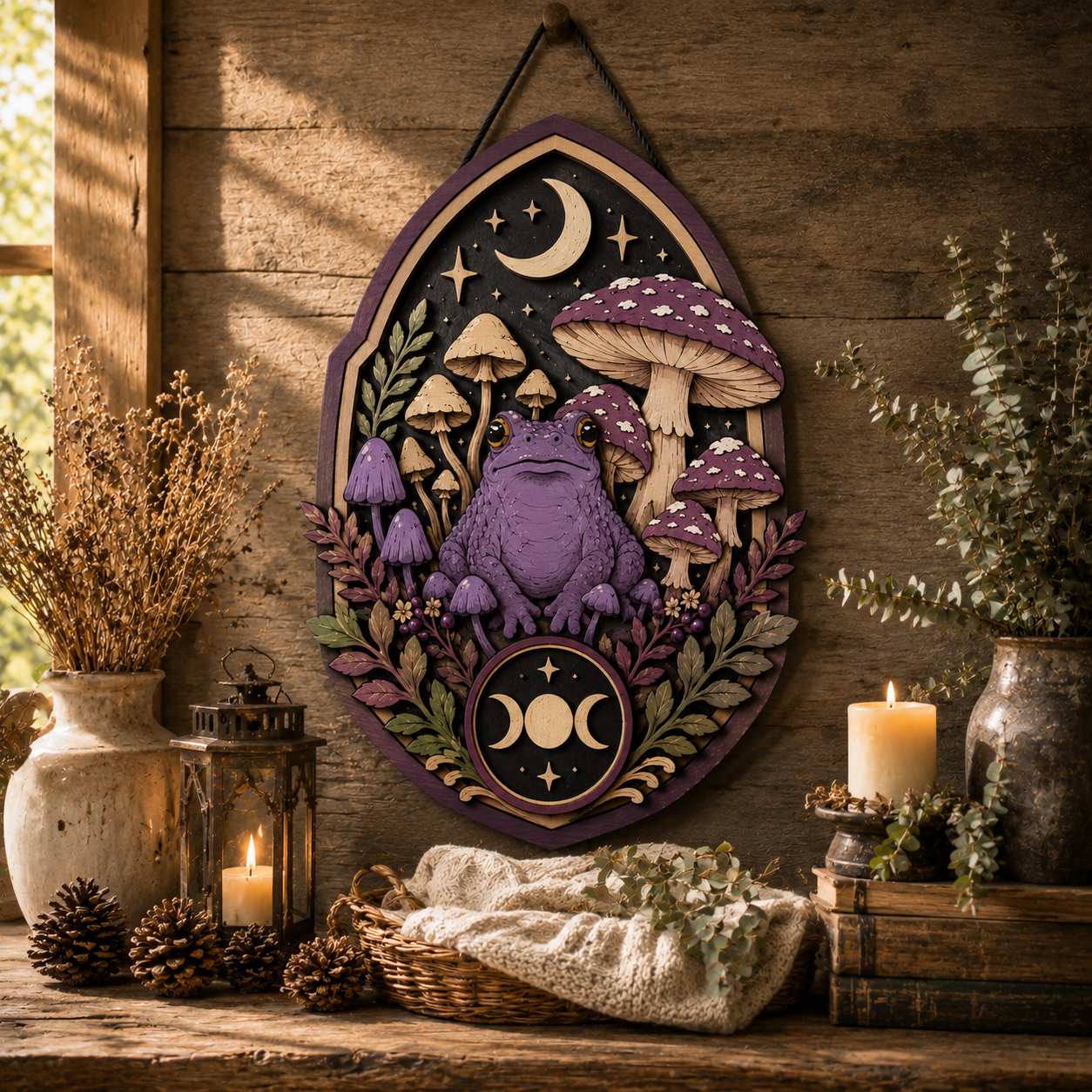 Mystical Purple Moon Frog Layered Wooden Wall Art Sign For Witchcore Cottagecore Home Decor