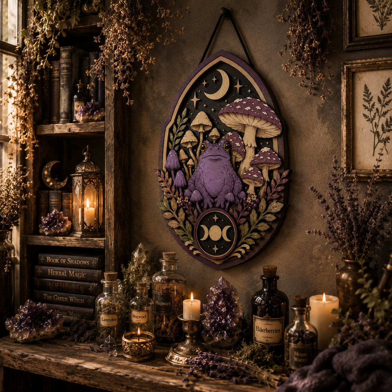 Mystical Purple Moon Frog Layered Wooden Wall Art Sign For Witchcore Cottagecore Home Decor