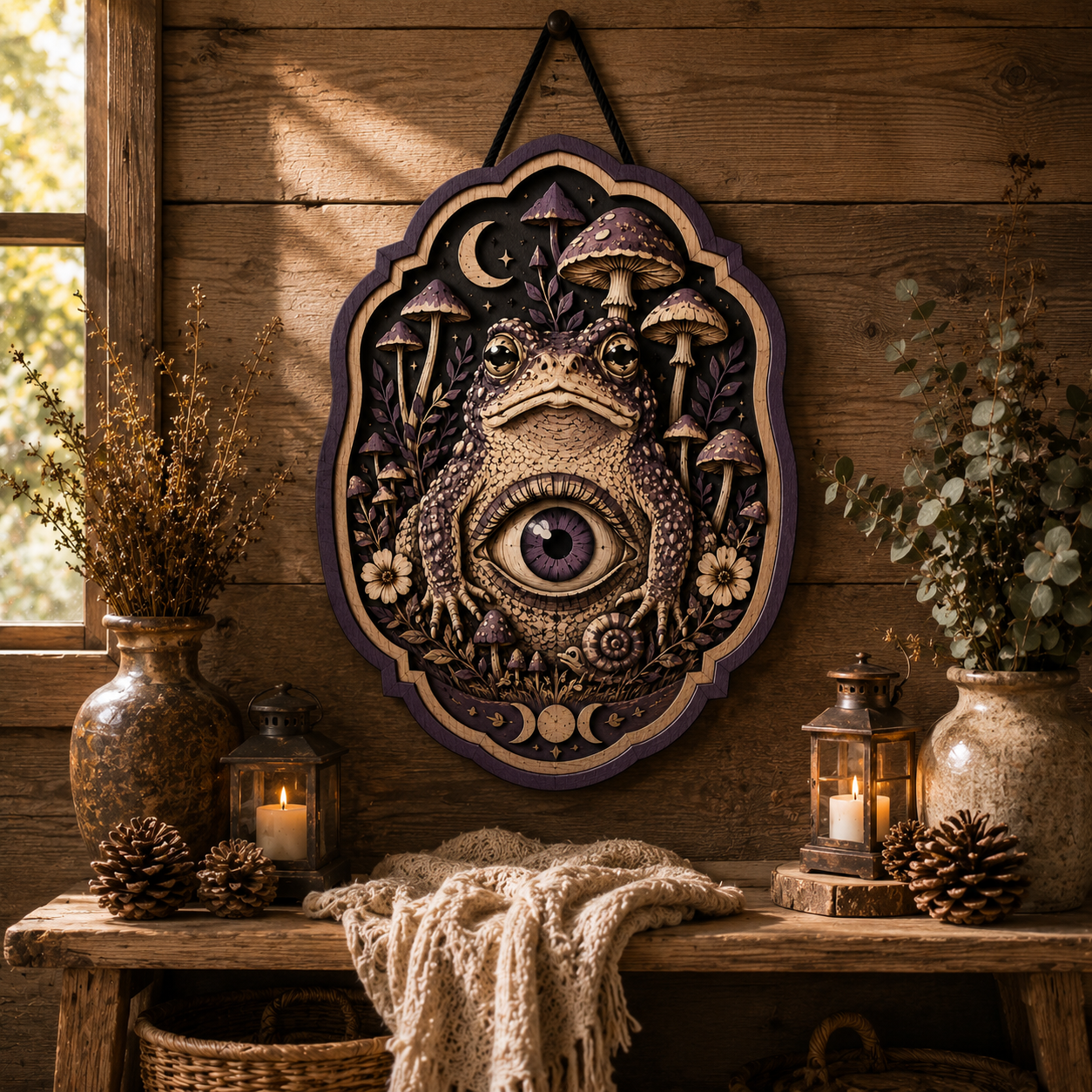Mystical Cyclops Frog Mushroom Layered Wooden Wall Art Sign For Witchcore Fantasy Home Decor