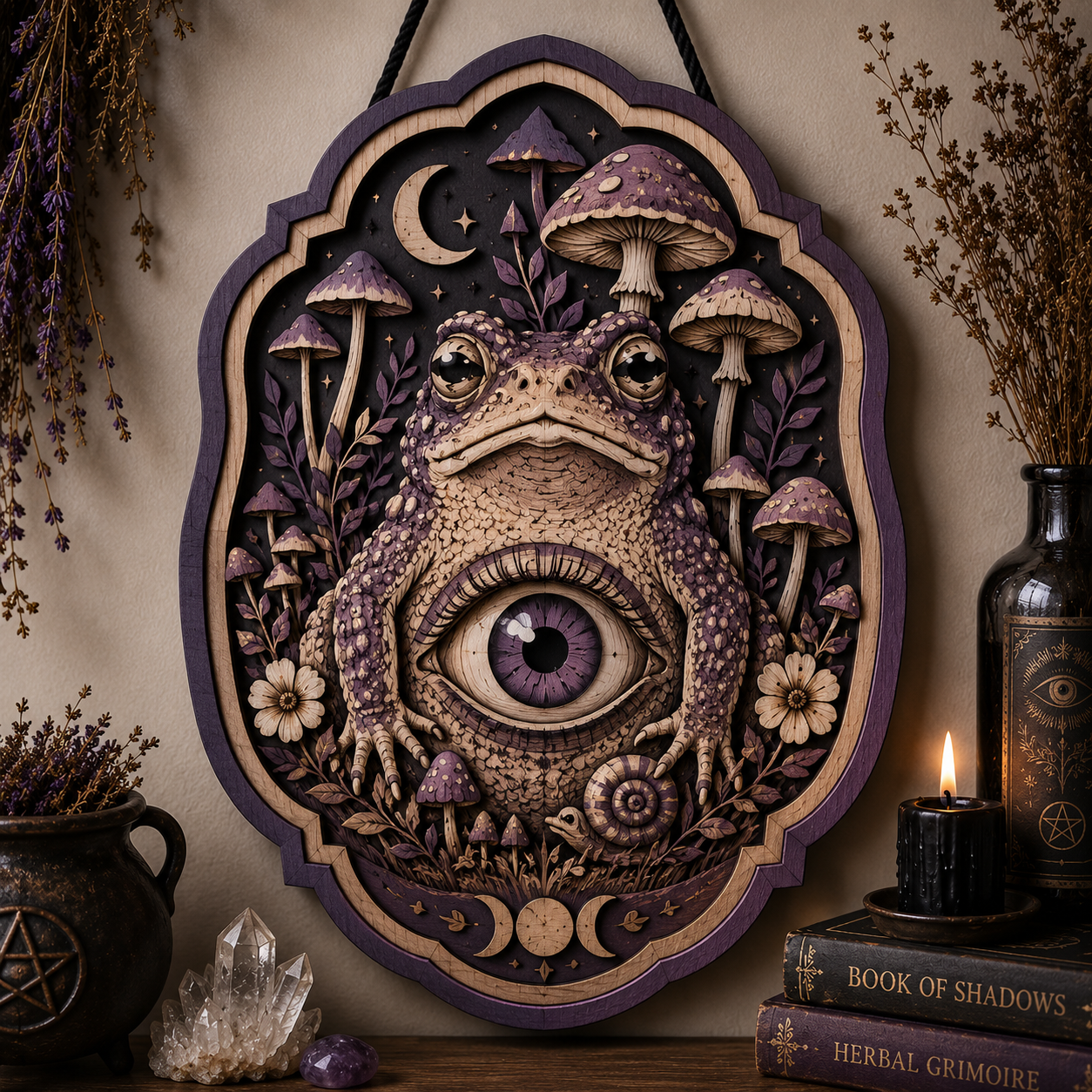 Mystical Cyclops Frog Mushroom Layered Wooden Wall Art Sign For Witchcore Fantasy Home Decor