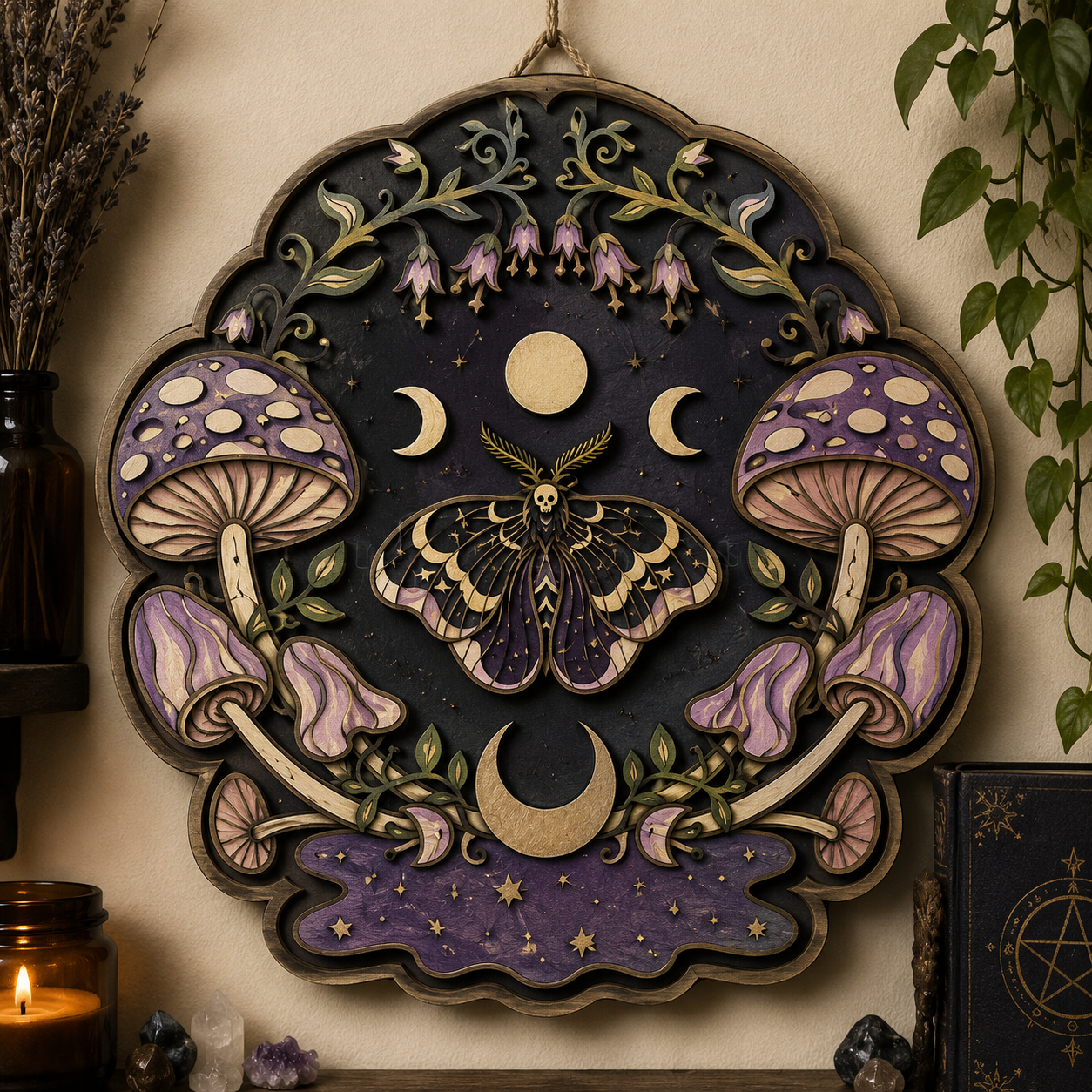 Mystical Luna Moth Mushroom Layered Wooden Wall Art Sign For Witchcore Cottagecore Home Decor